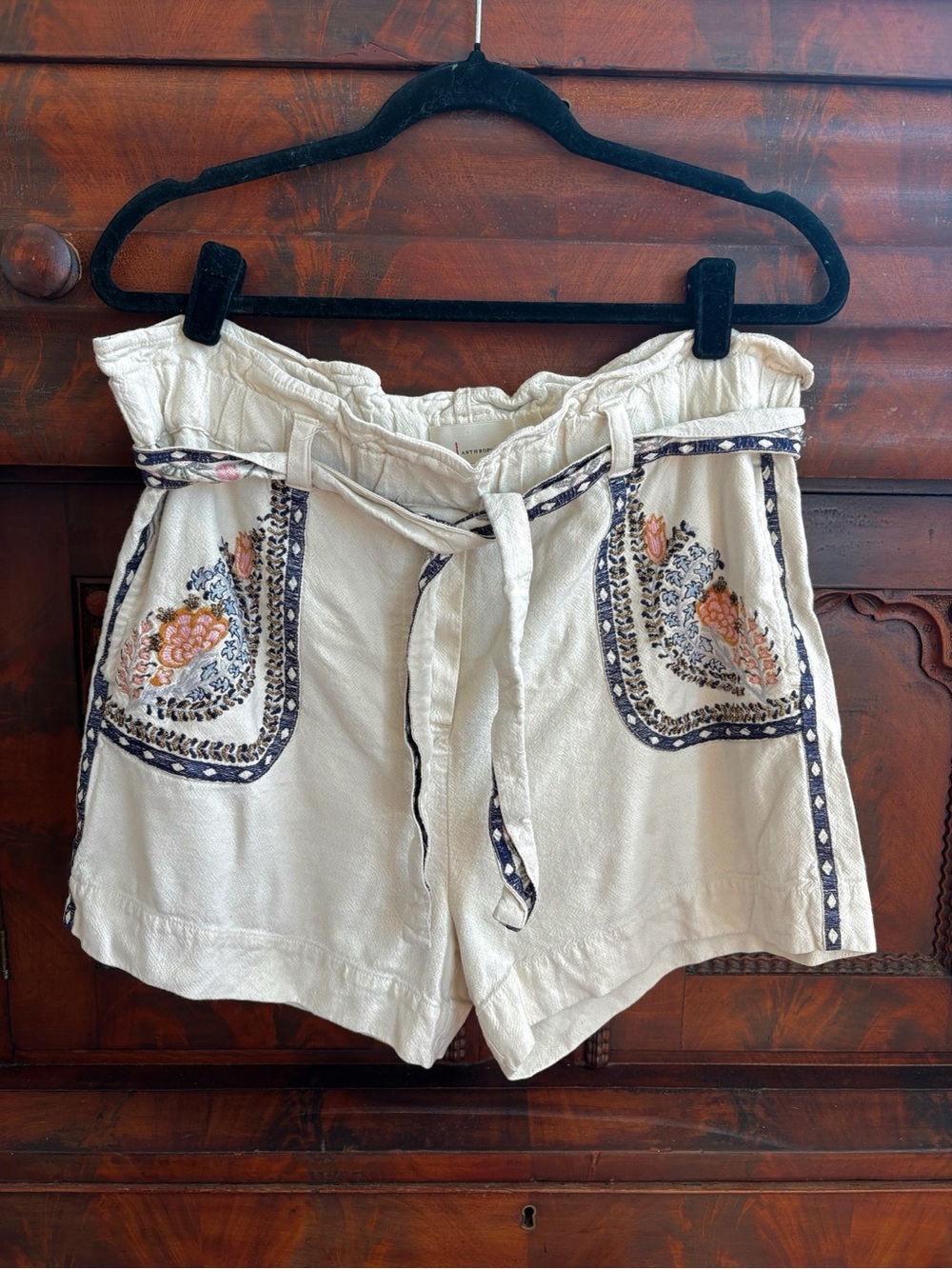 Anthropologie Annaleigh Boho Embroidered Cream Women's Shorts with Tie Waist S